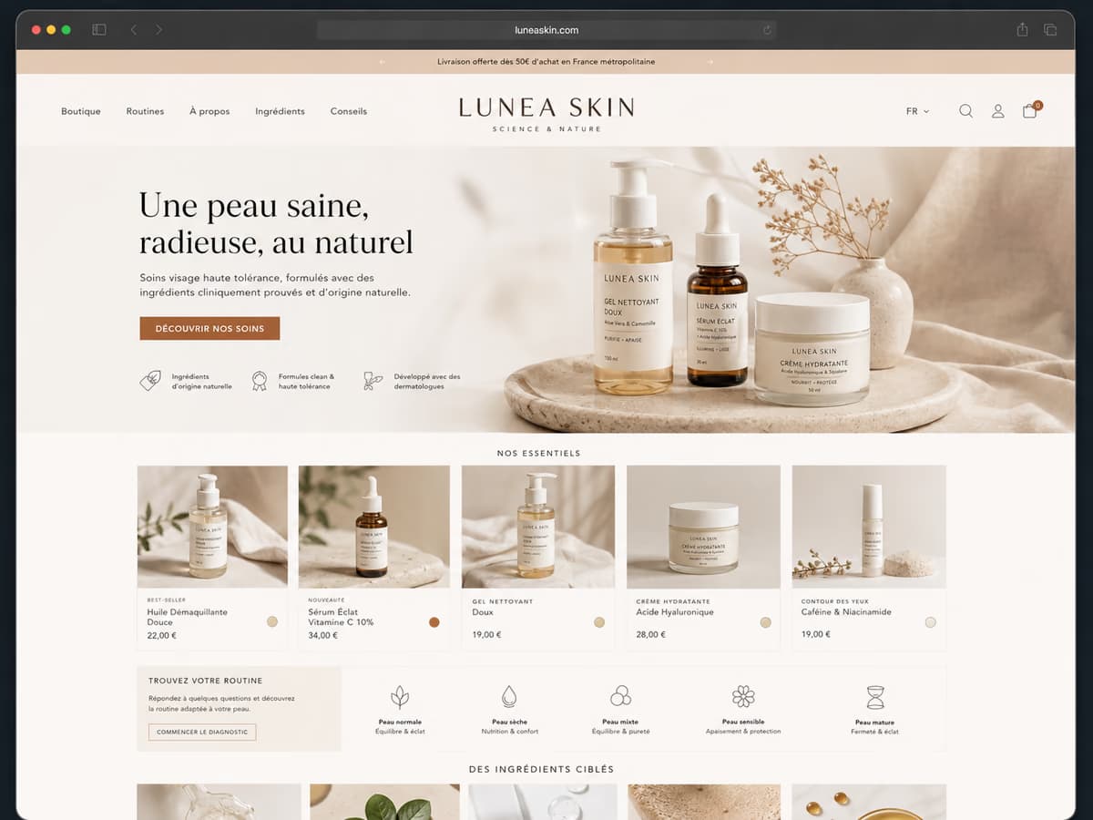 Exemple de boutique Shopify skincare générée avec StoreDrop